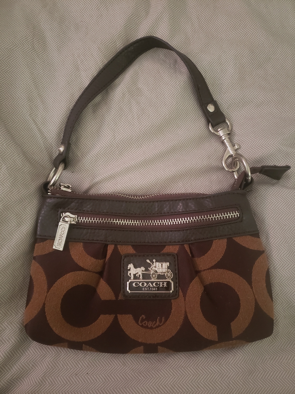Coach Brown Signature Canvas Mini Wristlet with Chocolate Leather Trim